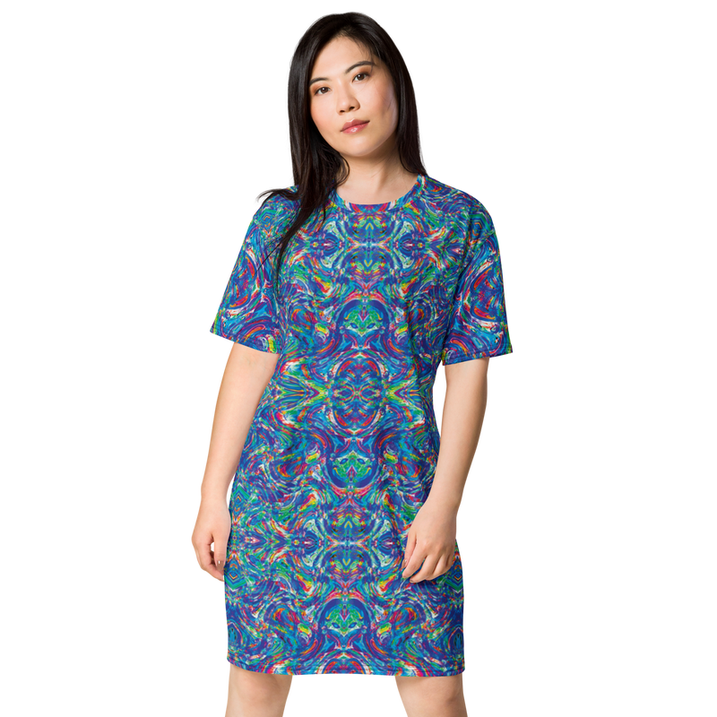 Product name: Recursia Rainbow Rose I T-Shirt Dress. Keywords: Clothing, Print: Rainbow Rose, T-Shirt Dress, Women's Clothing