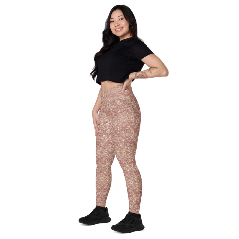 Product name: Recursia Rainbow Rose Leggings With Pockets In Pink. Keywords: Athlesisure Wear, Clothing, Leggings with Pockets, Print: Rainbow Rose, Women's Clothing