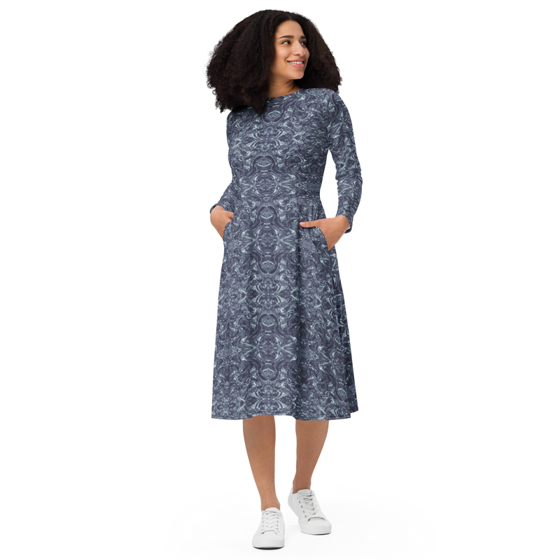 Product name: Recursia Rainbow Rose Long Sleeve Midi Dress In Blue. Keywords: Clothing, Long Sleeve Midi Dress, Print: Rainbow Rose, Women's Clothing