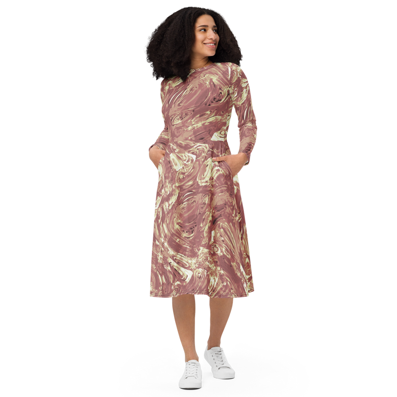 Product name: Recursia Rainbow Rose Long Sleeve Midi Dress In Pink. Keywords: Clothing, Long Sleeve Midi Dress, Print: Rainbow Rose, Women's Clothing