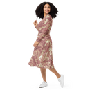 Product name: Recursia Rainbow Rose Long Sleeve Midi Dress In Pink. Keywords: Clothing, Long Sleeve Midi Dress, Print: Rainbow Rose, Women's Clothing