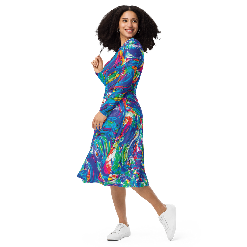 Product name: Recursia Rainbow Rose Long Sleeve Midi Dress. Keywords: Clothing, Long Sleeve Midi Dress, Print: Rainbow Rose, Women's Clothing