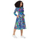 Product name: Recursia Rainbow Rose Long Sleeve Midi Dress. Keywords: Clothing, Long Sleeve Midi Dress, Print: Rainbow Rose, Women's Clothing