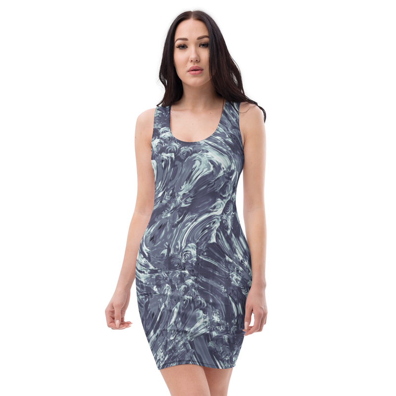 Product name: Recursia Rainbow Rose I Pencil Dress In Blue. Keywords: Clothing, Pencil Dress, Print: Rainbow Rose, Women's Clothing