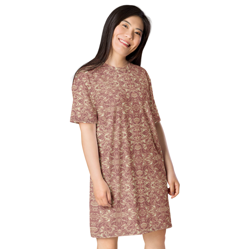 Product name: Recursia Rainbow Rose T-Shirt Dress In Pink. Keywords: Clothing, Print: Rainbow Rose, T-Shirt Dress, Women's Clothing