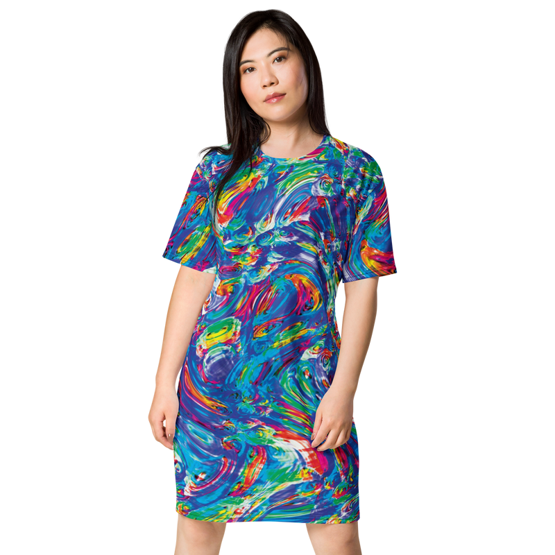 Product name: Recursia Rainbow Rose T-Shirt Dress. Keywords: Clothing, Print: Rainbow Rose, T-Shirt Dress, Women's Clothing