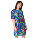 Product name: Recursia Rainbow Rose T-Shirt Dress. Keywords: Clothing, Print: Rainbow Rose, T-Shirt Dress, Women's Clothing