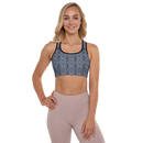 Product name: Recursia Seer Vision Padded Sports Bra In Blue. Keywords: Athlesisure Wear, Clothing, Padded Sports Bra, Print: Seer Vision, Women's Clothing