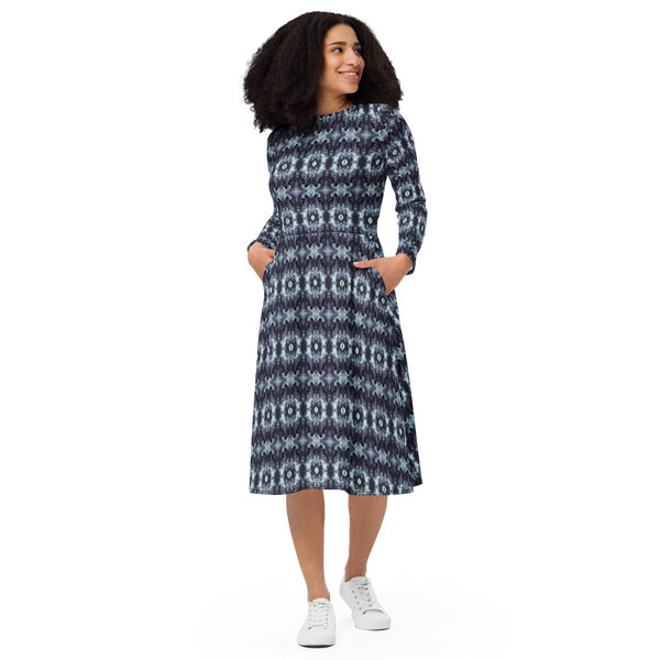 Product name: Recursia Seer Vision I Vision Long Sleeve Midi Dress In Blue. Keywords: Clothing, Long Sleeve Midi Dress, Print: Seer Vision, Women's Clothing