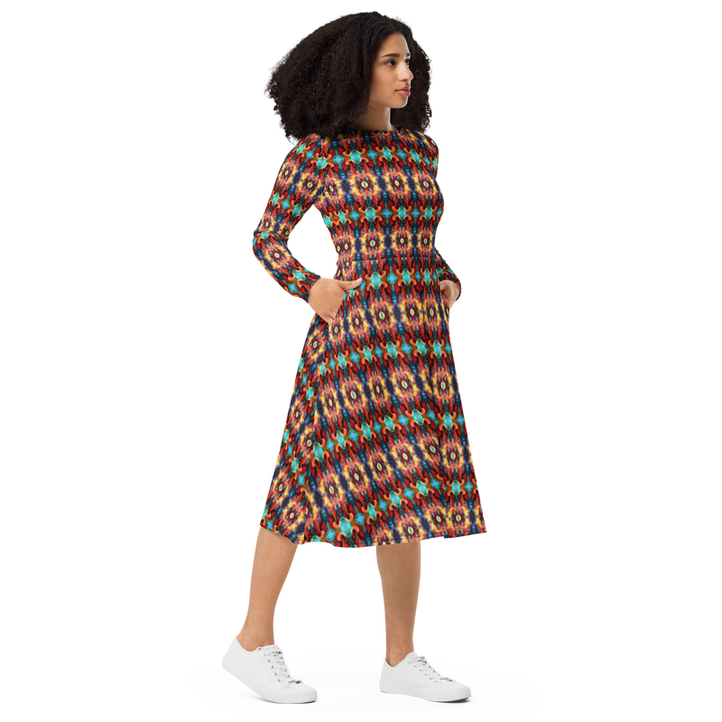 Product name: Recursia Seer Vision I Vision Long Sleeve Midi Dress. Keywords: Clothing, Long Sleeve Midi Dress, Print: Seer Vision, Women's Clothing