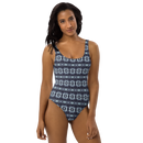 Product name: Recursia Seer Vision I Vision One Piece Swimsuit In Blue. Keywords: Clothing, One Piece Swimsuit, Print: Seer Vision, Swimwear, Unisex Clothing