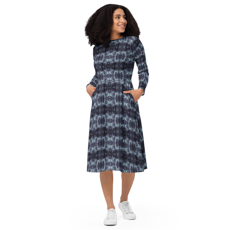 Product name: Recursia Seer Vision Long Sleeve Midi Dress In Blue. Keywords: Clothing, Long Sleeve Midi Dress, Print: Seer Vision, Women's Clothing