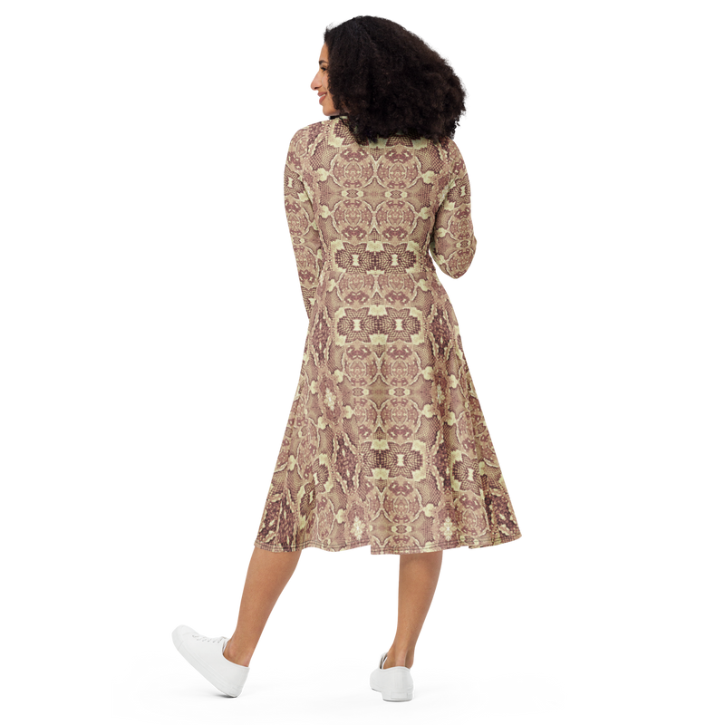 Product name: Recursia Serpentine Dream II Long Sleeve Midi Dress In Pink. Keywords: Clothing, Long Sleeve Midi Dress, Print: Serpentine Dream, Women's Clothing