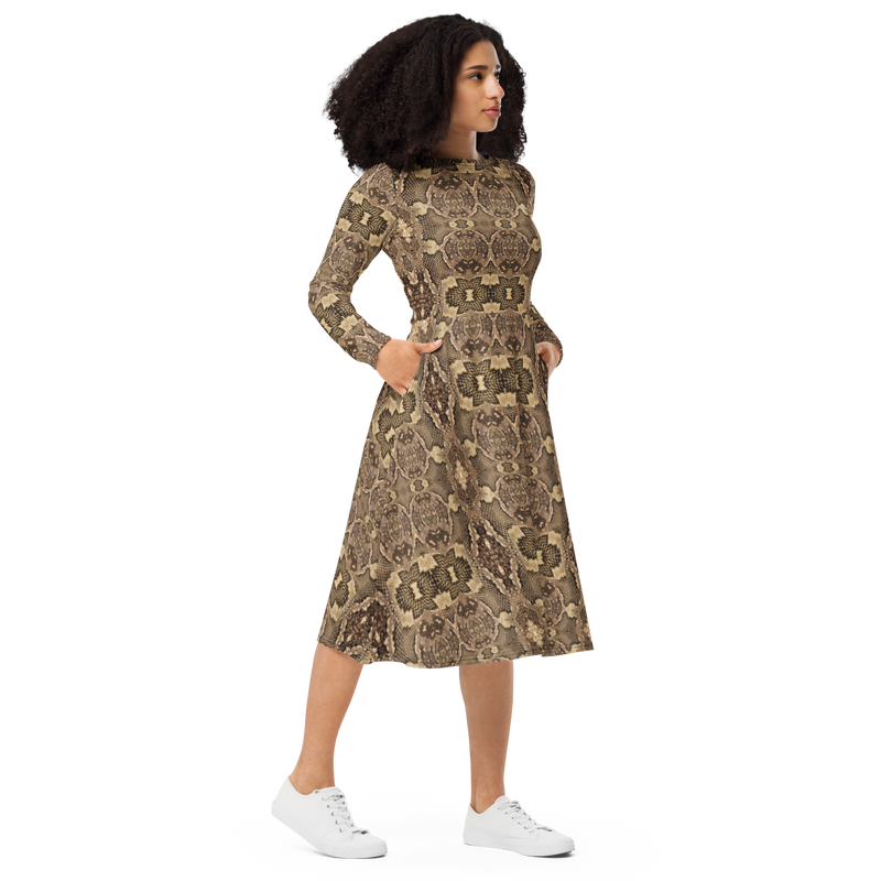 Product name: Recursia Serpentine Dream II Long Sleeve Midi Dress. Keywords: Clothing, Long Sleeve Midi Dress, Print: Serpentine Dream, Women's Clothing