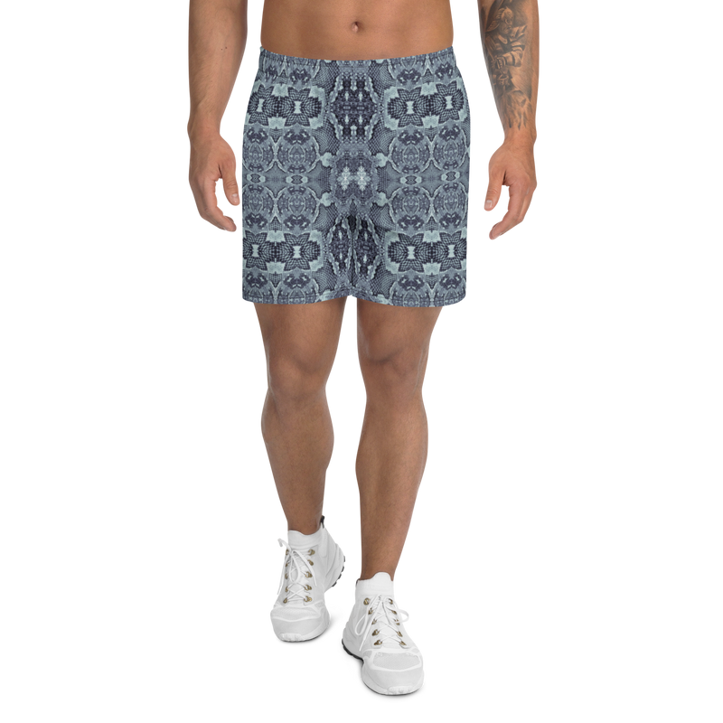 Product name: Recursia Serpentine Dream Men's Athletic Shorts In Blue. Keywords: Athlesisure Wear, Clothing, Men's Athlesisure, Men's Athletic Shorts, Men's Clothing, Print: Serpentine Dream
