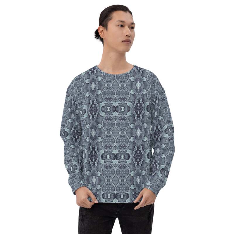 Product name: Recursia Serpentine Dream Men's Sweatshirt In Blue. Keywords: Athlesisure Wear, Clothing, Men's Athlesisure, Men's Clothing, Men's Sweatshirt, Men's Tops, Print: Serpentine Dream