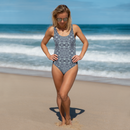 Product name: Recursia Serpentine Dream One Piece Swimsuit In Blue. Keywords: Clothing, One Piece Swimsuit, Print: Serpentine Dream, Swimwear, Unisex Clothing