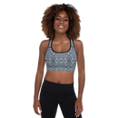 Product name: Recursia Serpentine Dream Padded Sports Bra In Blue. Keywords: Athlesisure Wear, Clothing, Padded Sports Bra, Print: Serpentine Dream, Women's Clothing