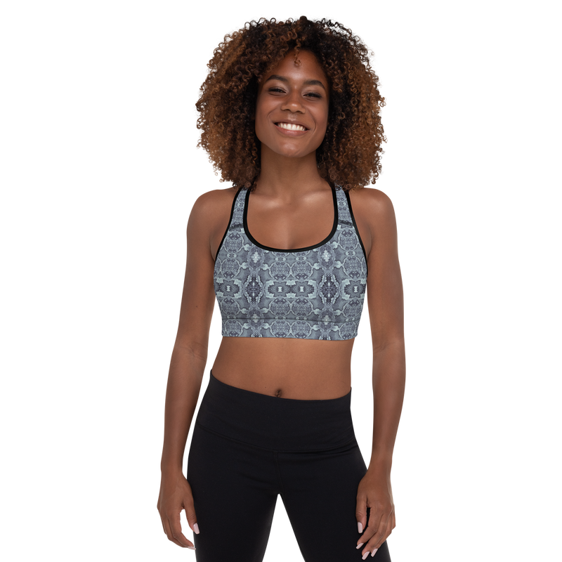Product name: Recursia Serpentine Dream Padded Sports Bra In Blue. Keywords: Athlesisure Wear, Clothing, Padded Sports Bra, Print: Serpentine Dream, Women's Clothing