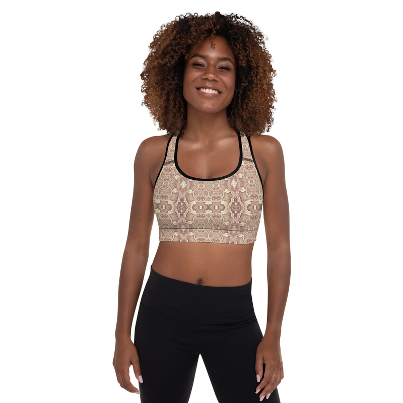 Product name: Recursia Serpentine Dream Padded Sports Bra In Pink. Keywords: Athlesisure Wear, Clothing, Padded Sports Bra, Print: Serpentine Dream, Women's Clothing