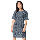 Product name: Recursia Serpentine Dream II T-Shirt Dress In Blue. Keywords: Clothing, Print: Serpentine Dream, T-Shirt Dress, Women's Clothing