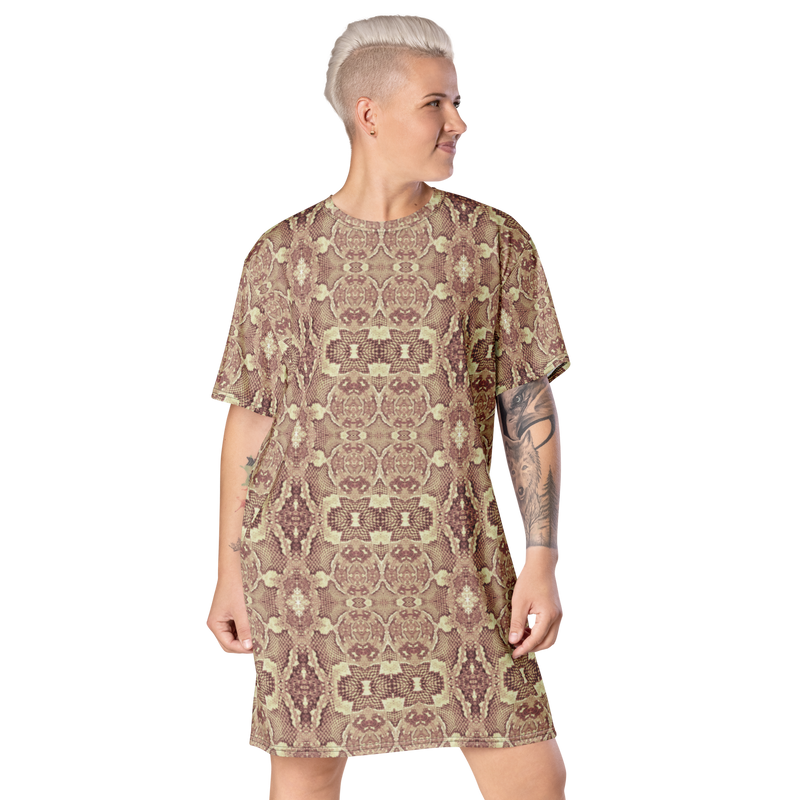 Product name: Recursia Serpentine Dream II T-Shirt Dress In Pink. Keywords: Clothing, Print: Serpentine Dream, T-Shirt Dress, Women's Clothing