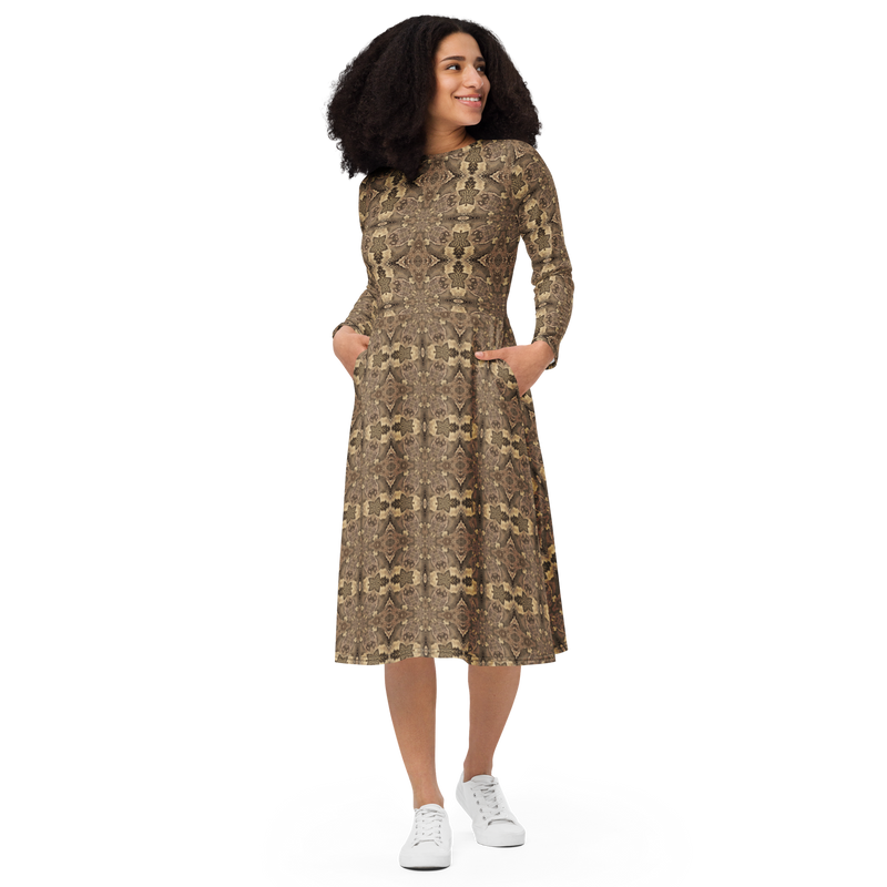 Product name: Recursia Serpentine Dream I Long Sleeve Midi Dress. Keywords: Clothing, Long Sleeve Midi Dress, Print: Serpentine Dream, Women's Clothing