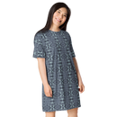 Product name: Recursia Serpentine Dream I T-Shirt Dress In Blue. Keywords: Clothing, Print: Serpentine Dream, T-Shirt Dress, Women's Clothing