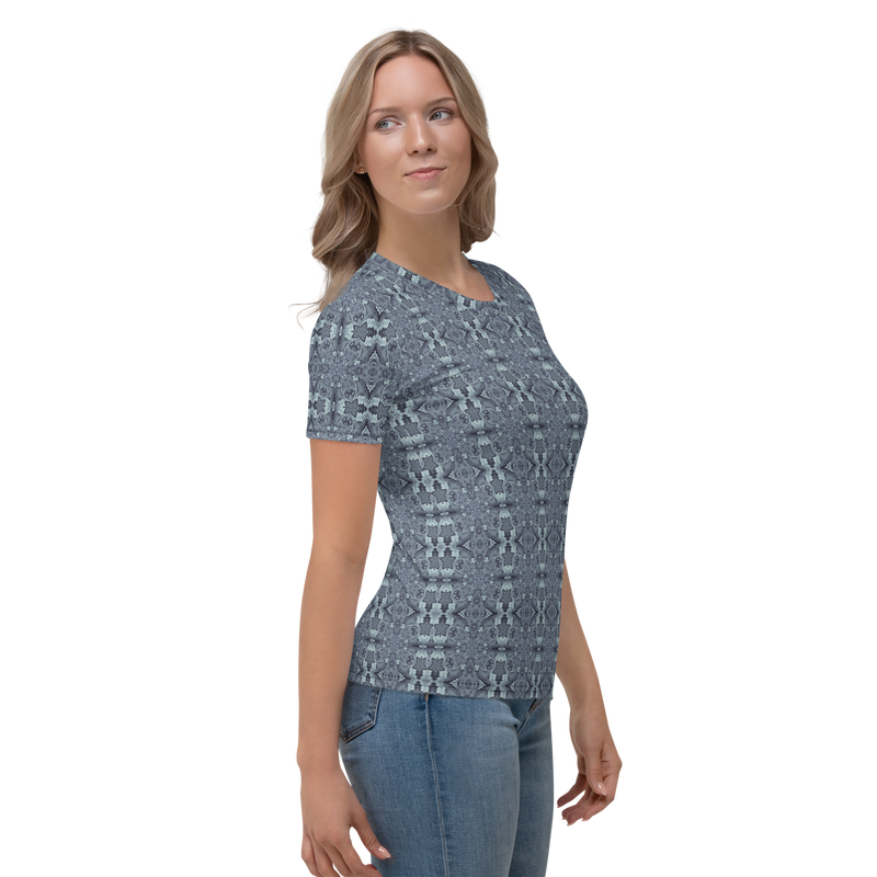 Product name: Recursia Serpentine Dream I Women's Crew Neck T-Shirt In Blue. Keywords: Clothing, Print: Serpentine Dream, Women's Clothing, Women's Crew Neck T-Shirt