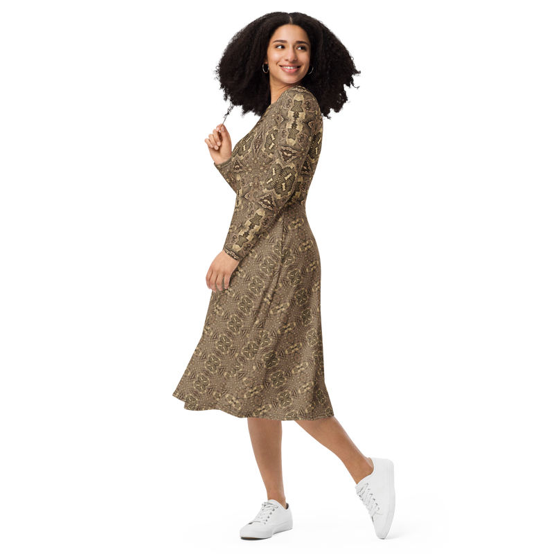 Product name: Recursia Serpentine Dream Long Sleeve Midi Dress. Keywords: Clothing, Long Sleeve Midi Dress, Print: Serpentine Dream, Women's Clothing
