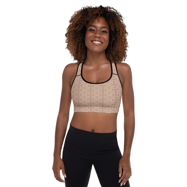 Product name: Recursia Serpentine Dream II Padded Sports Bra In Pink. Keywords: Athlesisure Wear, Clothing, Padded Sports Bra, Print: Serpentine Dream, Women's Clothing