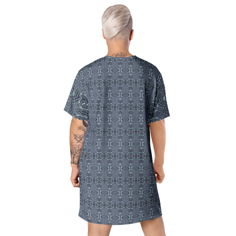 Product name: Recursia Serpentine Dream T-Shirt Dress In Blue. Keywords: Clothing, Print: Serpentine Dream, T-Shirt Dress, Women's Clothing