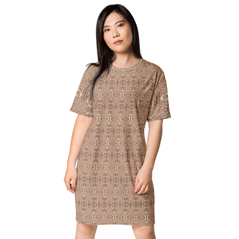 Product name: Recursia Serpentine Dream T-Shirt Dress In Pink. Keywords: Clothing, Print: Serpentine Dream, T-Shirt Dress, Women's Clothing