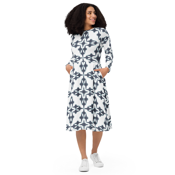 Product name: Recursia Symmetree II Long Sleeve Midi Dress In Blue. Keywords: Clothing, Long Sleeve Midi Dress, Print: Symmetree, Women's Clothing