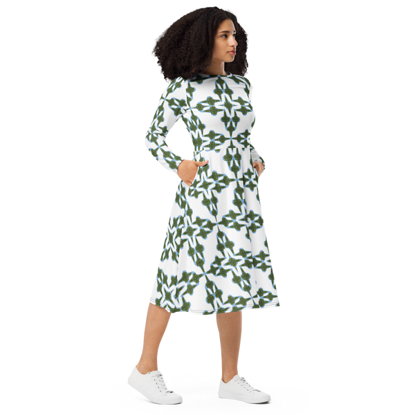 Product name: Recursia Symmetree II Long Sleeve Midi Dress. Keywords: Clothing, Long Sleeve Midi Dress, Print: Symmetree, Women's Clothing