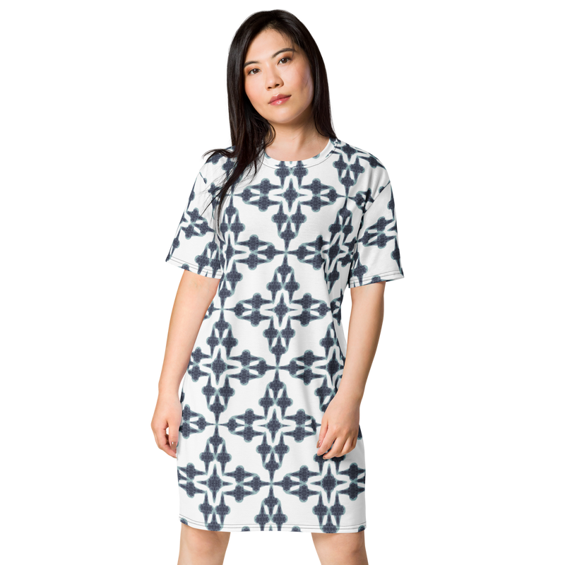 Product name: Recursia Symmetree II T-Shirt Dress In Blue. Keywords: Clothing, Print: Symmetree, T-Shirt Dress, Women's Clothing