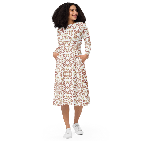 Product name: Recursia Symmetree I Long Sleeve Midi Dress In Pink. Keywords: Clothing, Long Sleeve Midi Dress, Print: Symmetree, Women's Clothing