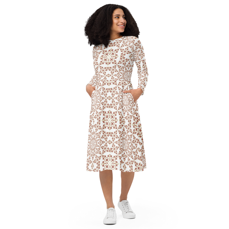 Product name: Recursia Symmetree I Long Sleeve Midi Dress In Pink. Keywords: Clothing, Long Sleeve Midi Dress, Print: Symmetree, Women's Clothing