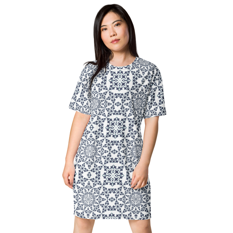 Product name: Recursia Symmetree I T-Shirt Dress In Blue. Keywords: Clothing, Print: Symmetree, T-Shirt Dress, Women's Clothing