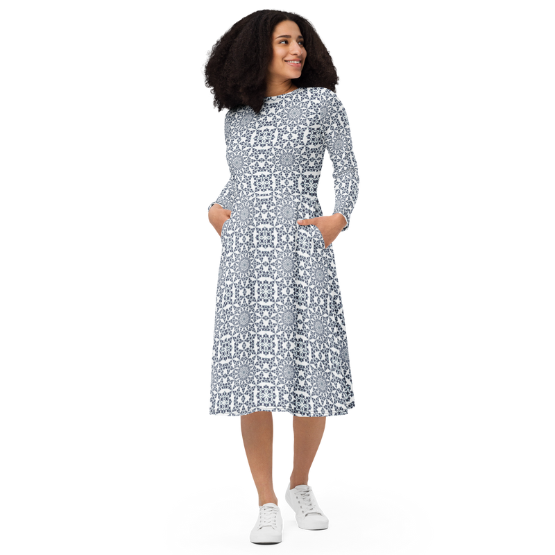 Product name: Recursia Symmetree Long Sleeve Midi Dress In Blue. Keywords: Clothing, Long Sleeve Midi Dress, Print: Symmetree, Women's Clothing