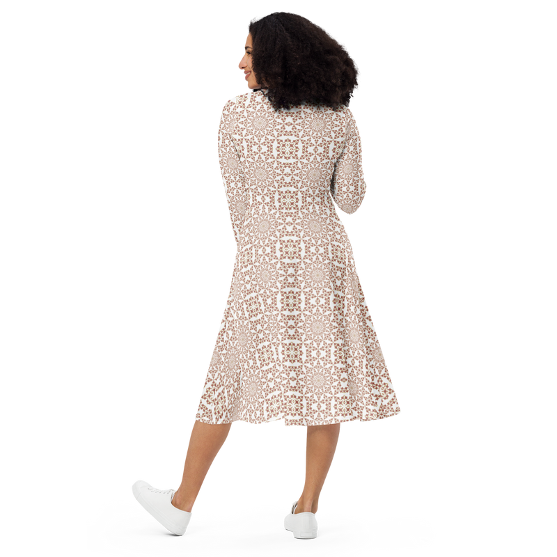 Product name: Recursia Symmetree Long Sleeve Midi Dress In Pink. Keywords: Clothing, Long Sleeve Midi Dress, Print: Symmetree, Women's Clothing