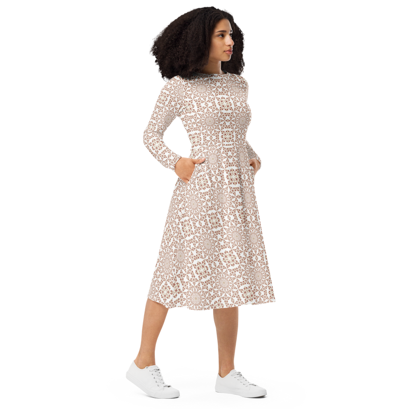 Product name: Recursia Symmetree Long Sleeve Midi Dress In Pink. Keywords: Clothing, Long Sleeve Midi Dress, Print: Symmetree, Women's Clothing