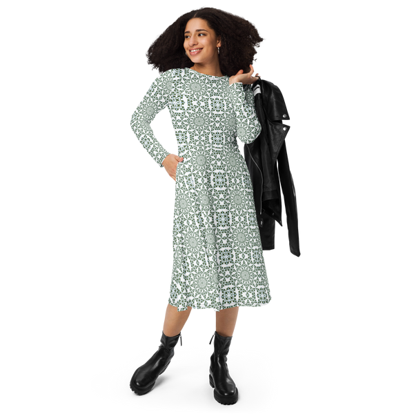Product name: Recursia Symmetree Long Sleeve Midi Dress. Keywords: Clothing, Long Sleeve Midi Dress, Print: Symmetree, Women's Clothing