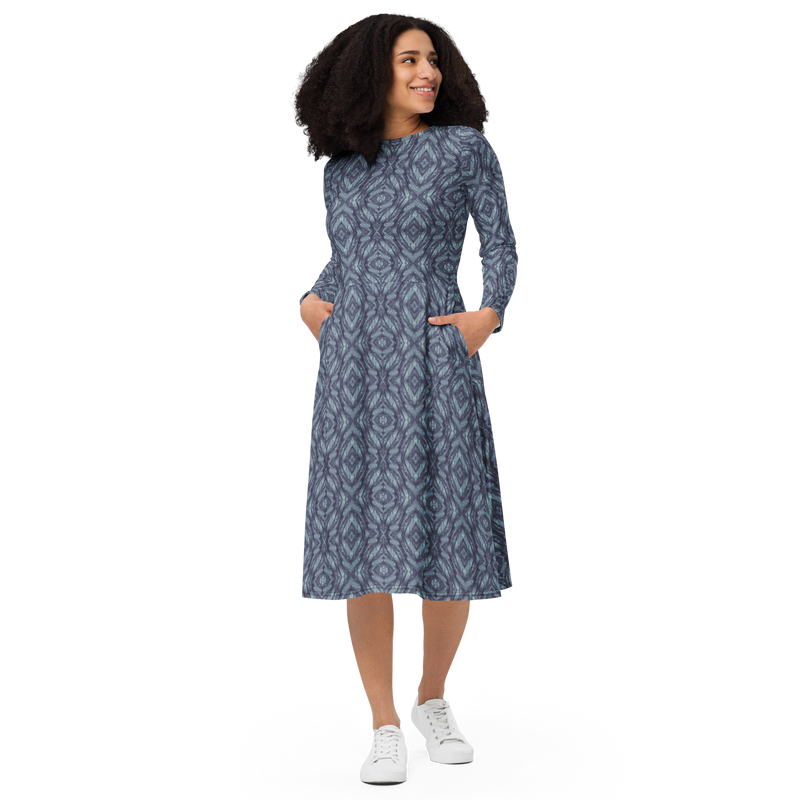 Product name: Recursia Tie-Dye Overdrive III Long Sleeve Midi Dress In Blue. Keywords: Clothing, Long Sleeve Midi Dress, Print: Tie-Dye Overdrive, Women's Clothing