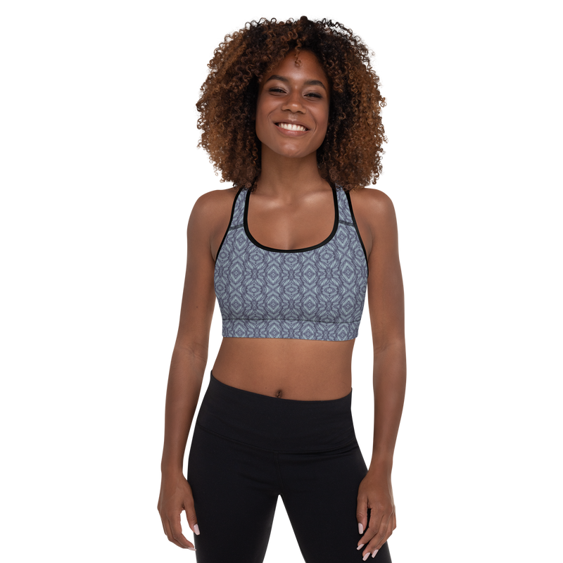 Product name: Recursia Tie-Dye Overdrive I Padded Sports Bra In Blue. Keywords: Athlesisure Wear, Clothing, Padded Sports Bra, Print: Tie-Dye Overdrive, Women's Clothing