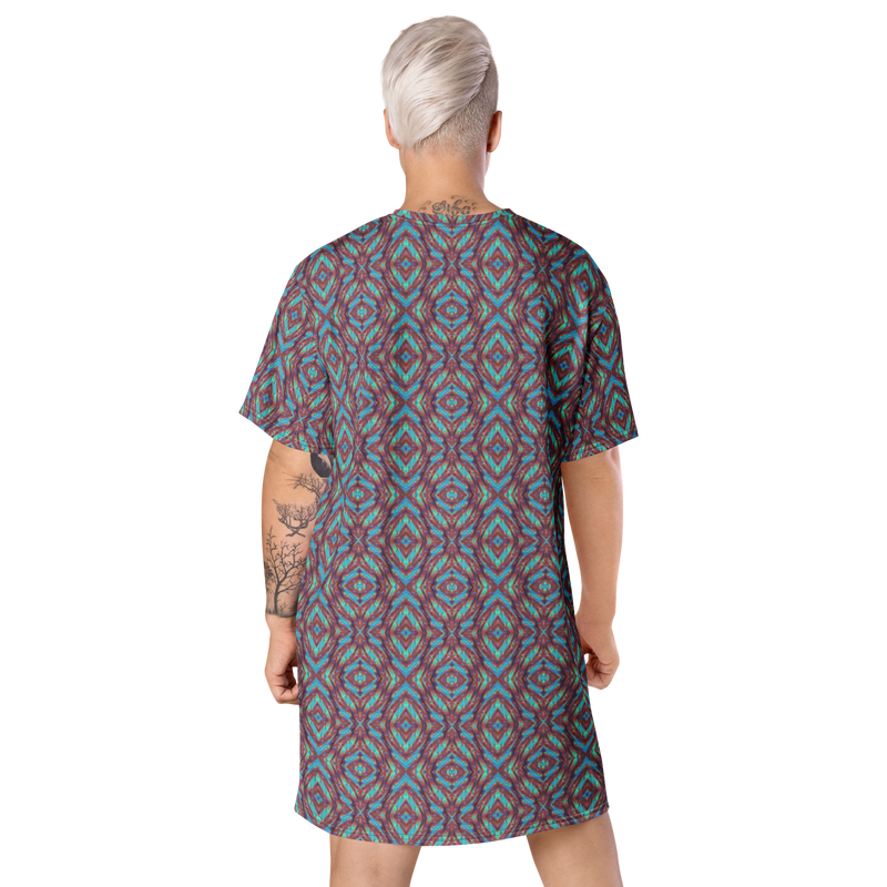 Product name: Recursia Tie-Dye Overdrive III T-Shirt Dress. Keywords: Clothing, T-Shirt Dress, Print: Tie-Dye Overdrive, Women's Clothing