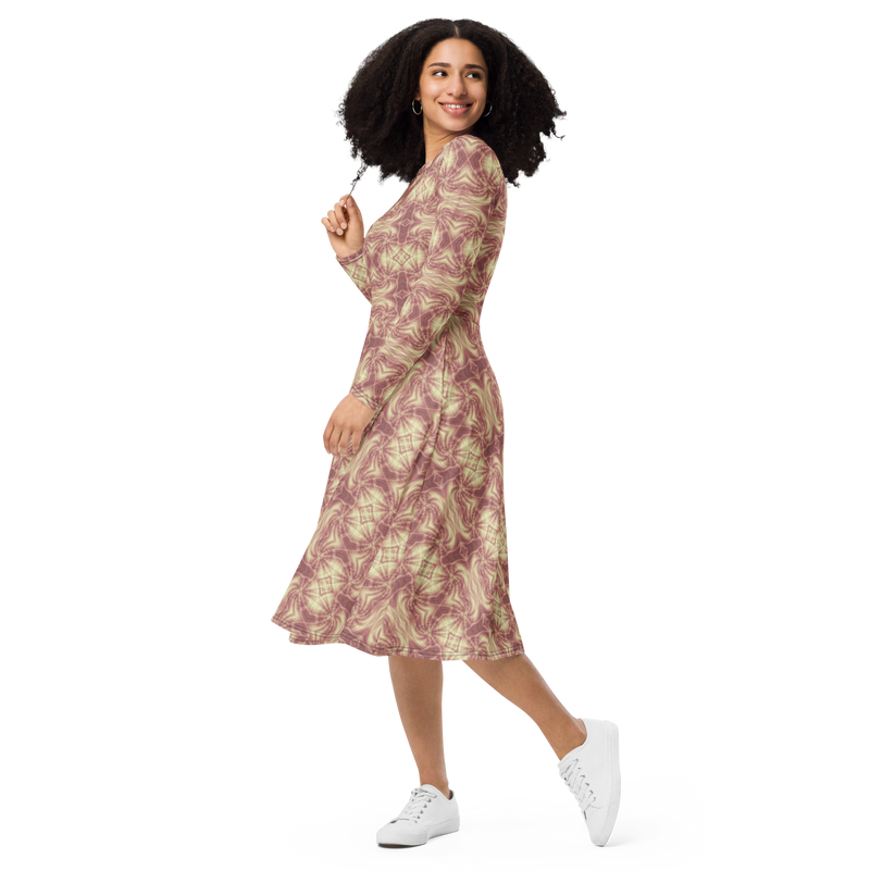 Product name: Recursia Tie-Dye Overdrive II Long Sleeve Midi Dress In Pink. Keywords: Clothing, Long Sleeve Midi Dress, Print: Tie-Dye Overdrive, Women's Clothing