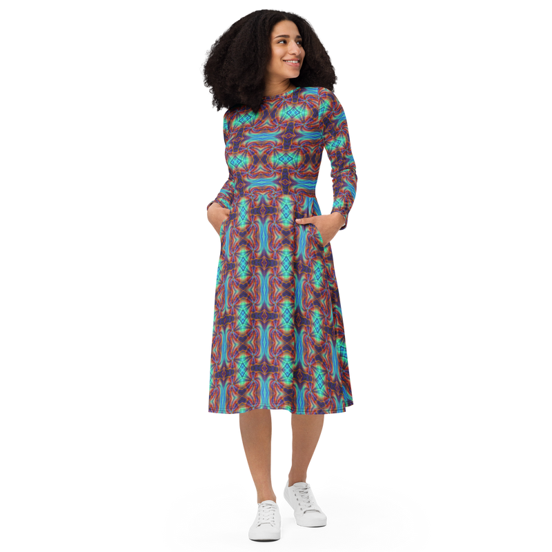 Product name: Recursia Tie-Dye Overdrive II Long Sleeve Midi Dress. Keywords: Clothing, Long Sleeve Midi Dress, Print: Tie-Dye Overdrive, Women's Clothing