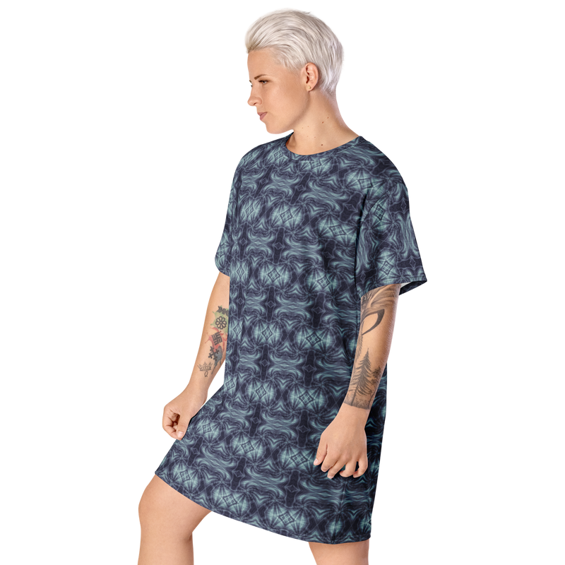 Product name: Recursia Tie-Dye Overdrive II T-Shirt Dress In Blue. Keywords: Clothing, T-Shirt Dress, Print: Tie-Dye Overdrive, Women's Clothing