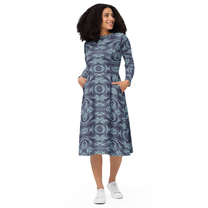 Product name: Recursia Tie-Dye Overdrive IV Long Sleeve Midi Dress In Blue. Keywords: Clothing, Long Sleeve Midi Dress, Print: Tie-Dye Overdrive, Women's Clothing
